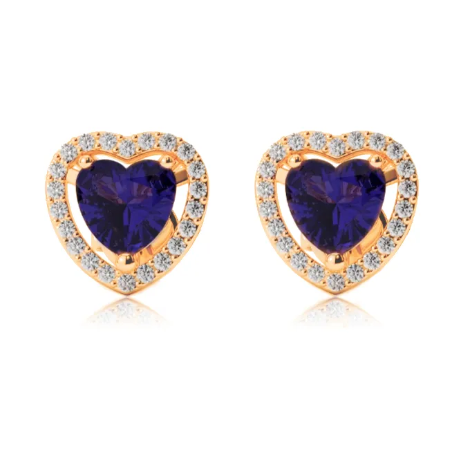 24k Yellow Gold Plated 1/2 Ct Created Halo Heart Blue Sapphire Stud Earrings