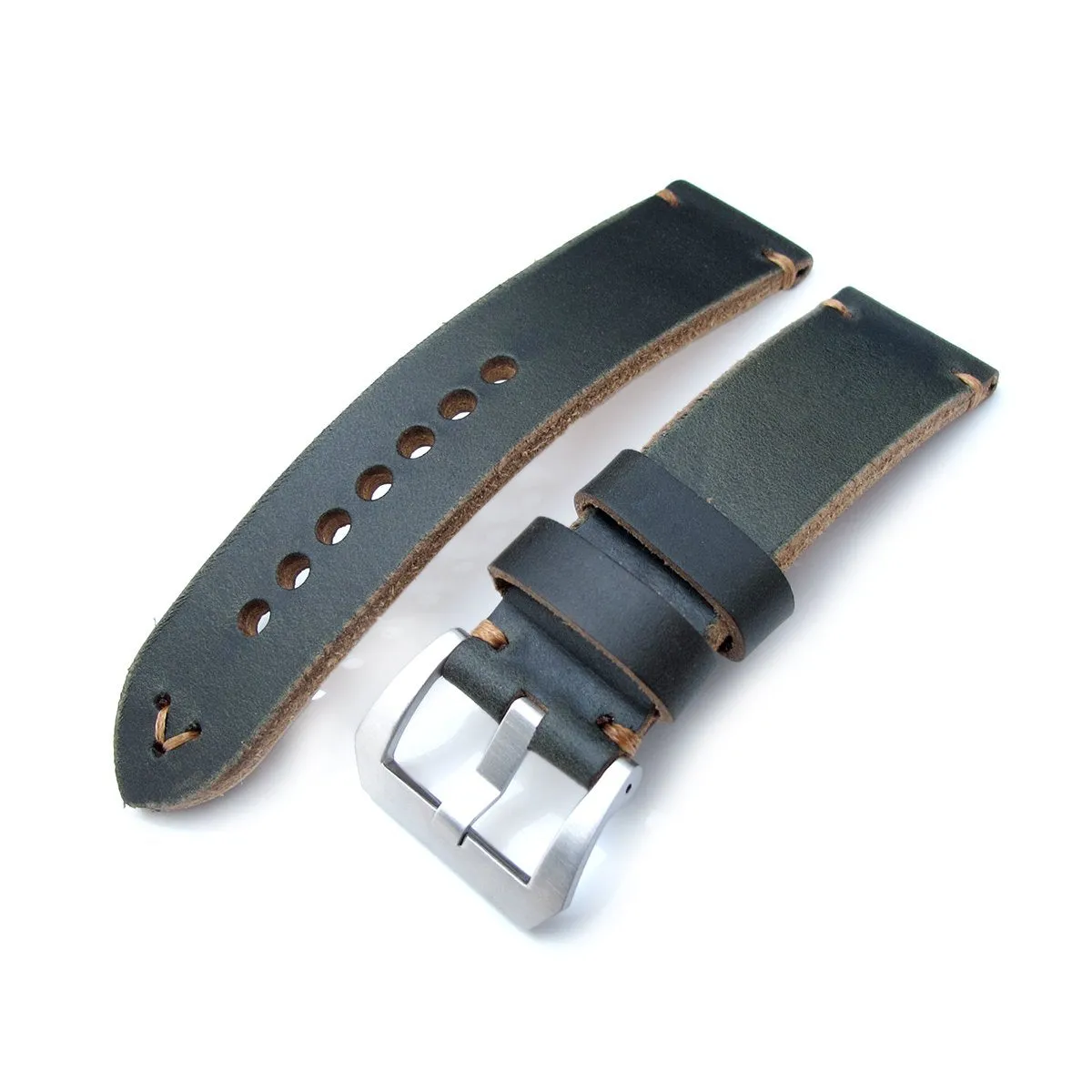 24mm MiLTAT Horween Chromexcel Watch Strap, Blackish Green, Brown Stitching