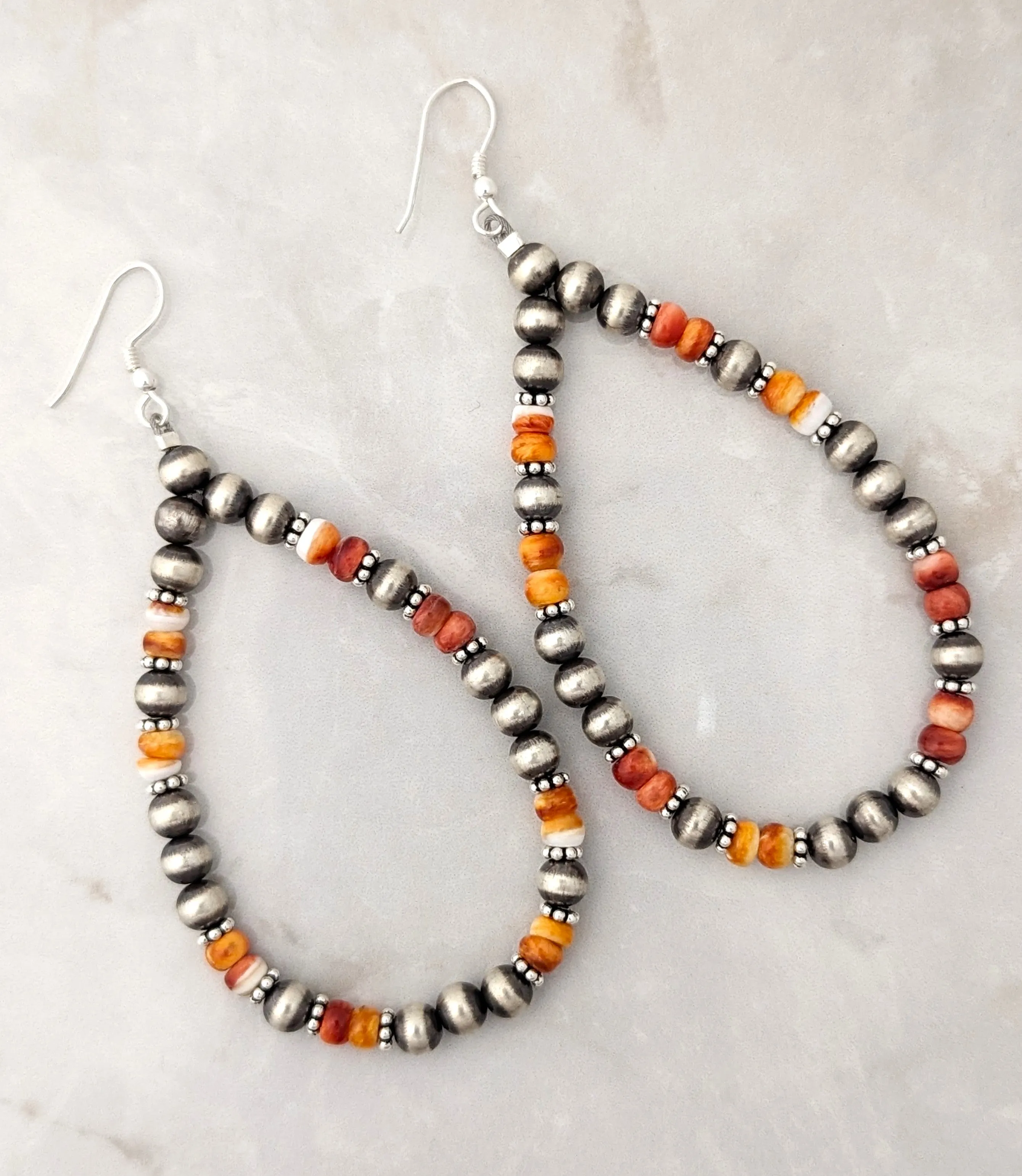 5mm Navajo Pearls Orange Spiny Oyster Tear Drop Dangle Earrings Sterling Silver