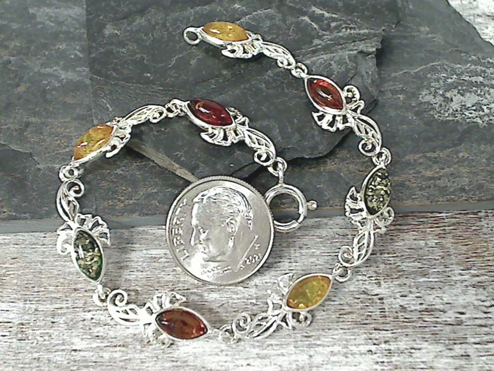 7" Amber, Sterling Silver Bracelet