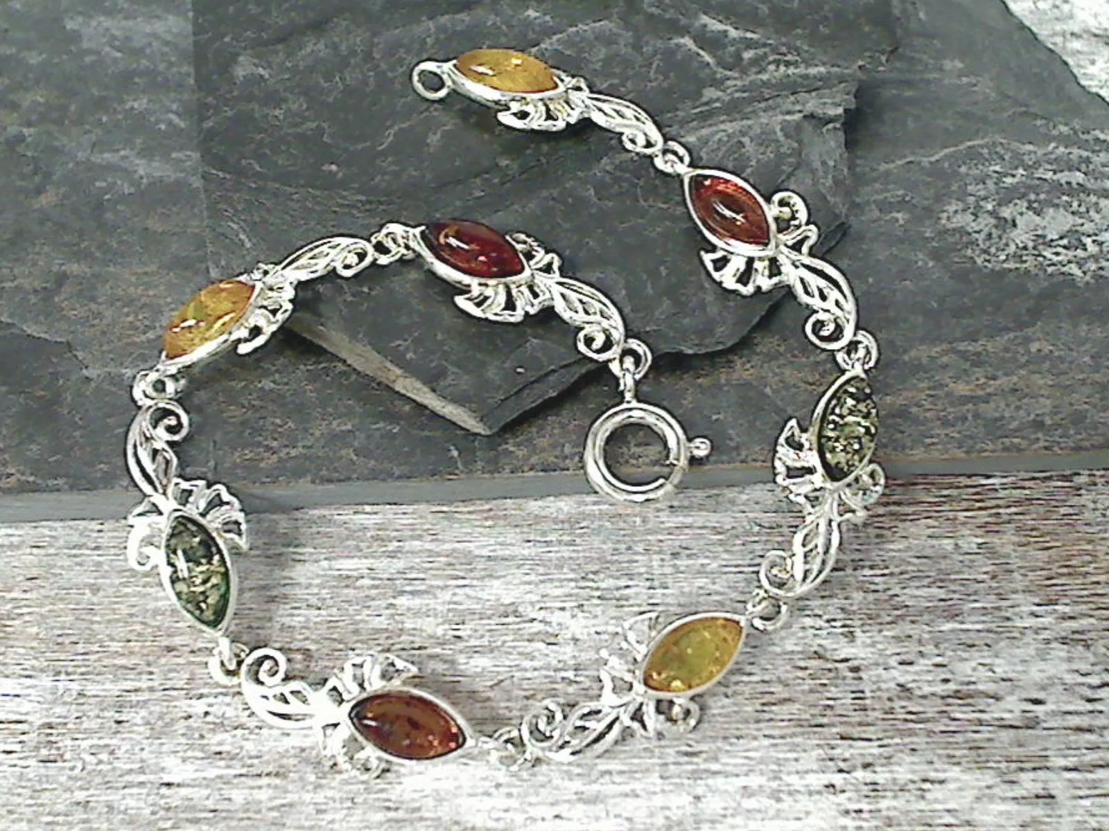 7" Amber, Sterling Silver Bracelet