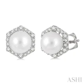 7X7MM Cultured Pearls and 1/3 Ctw Hexagon Shape Round Cut Diamond Earrings in 14K White Gold