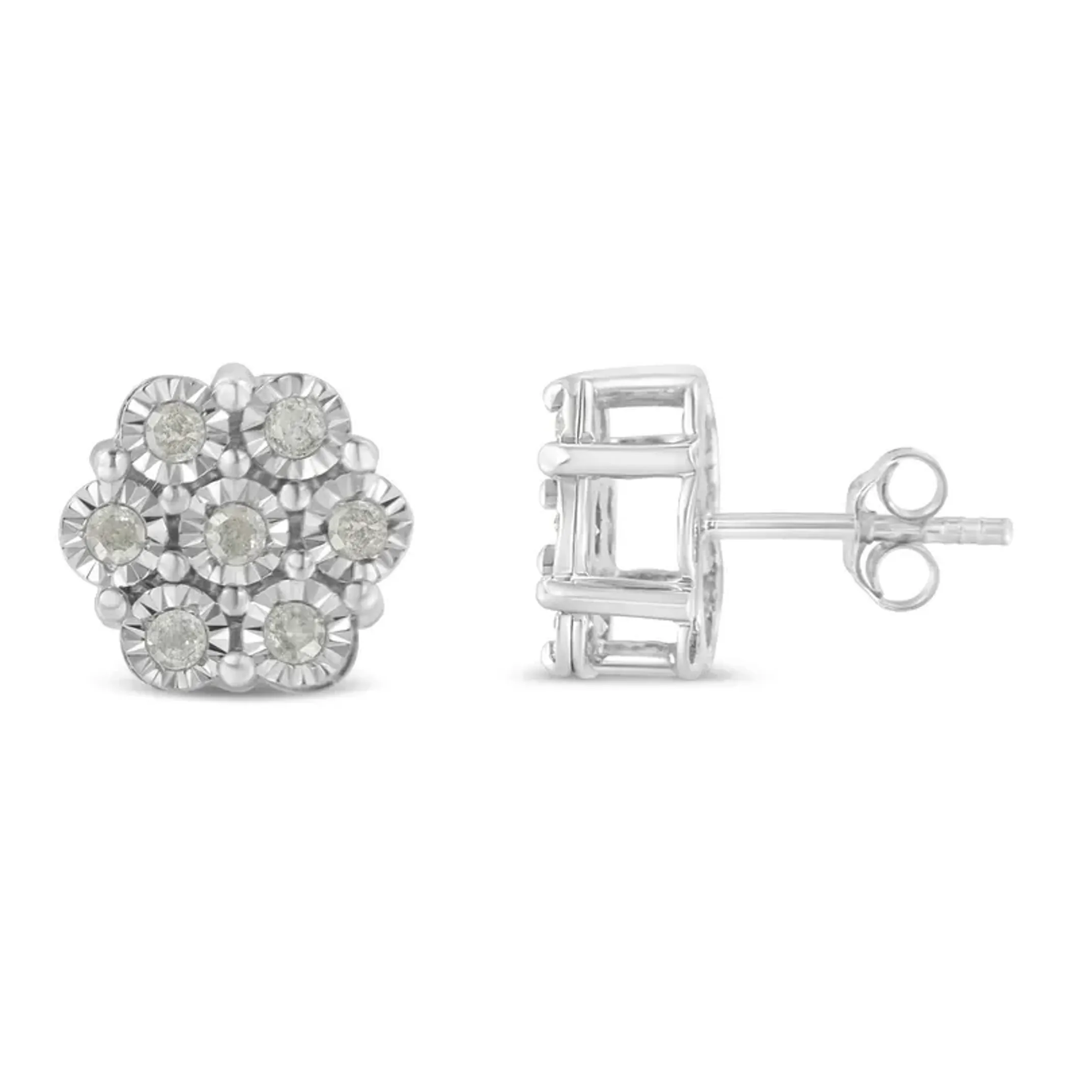 .925 Sterling Silver 1/2 Cttw Round-Cut Diamond Miracle-Set Floral Cluster Button Stud Earrings (I-J Color, I2-I3 Clarity)