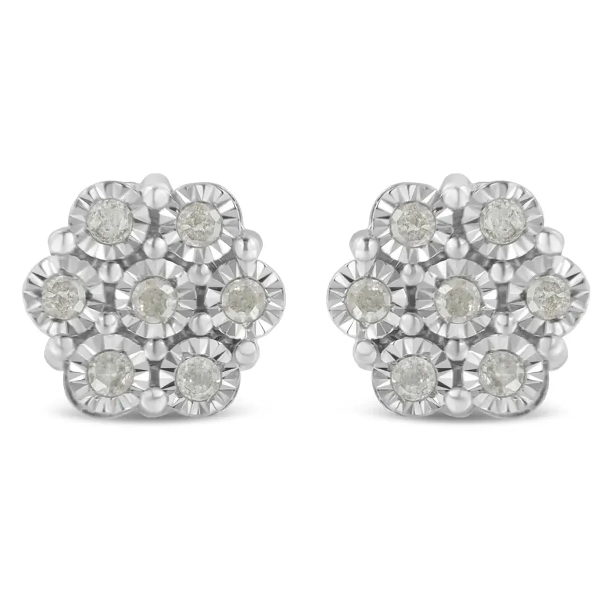 .925 Sterling Silver 1/2 Cttw Round-Cut Diamond Miracle-Set Floral Cluster Button Stud Earrings (I-J Color, I2-I3 Clarity)