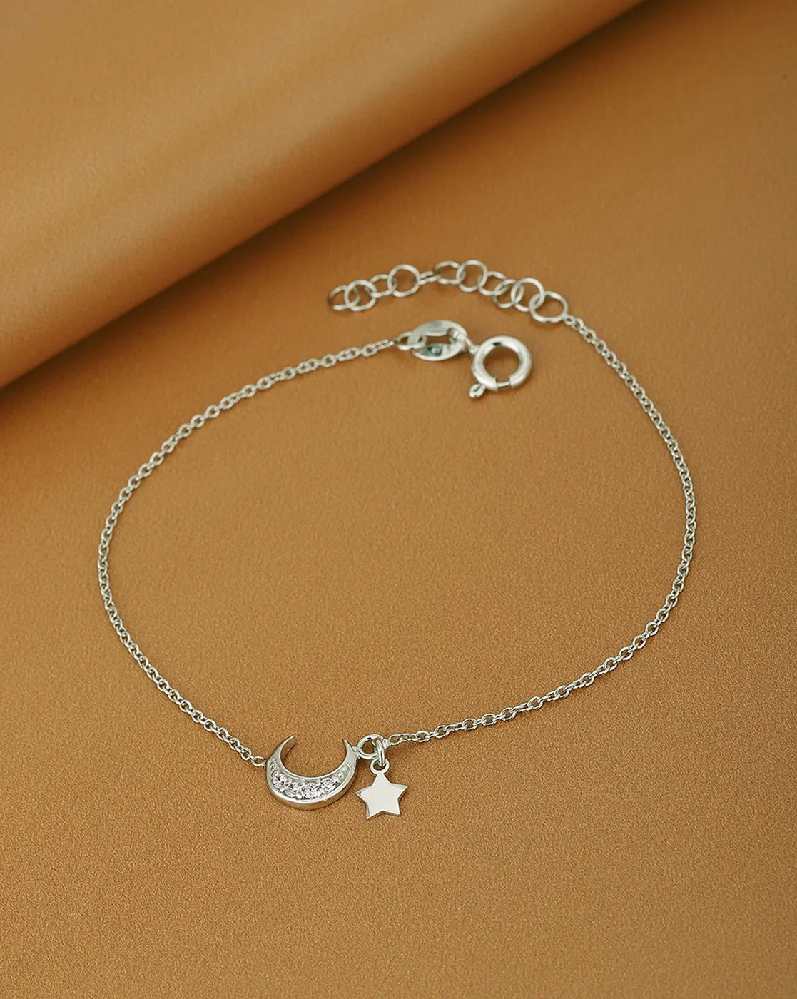 925 Sterling Silver Women Rhodium Plated With Cz Moon & Stars Charm Bracelet Adjustable