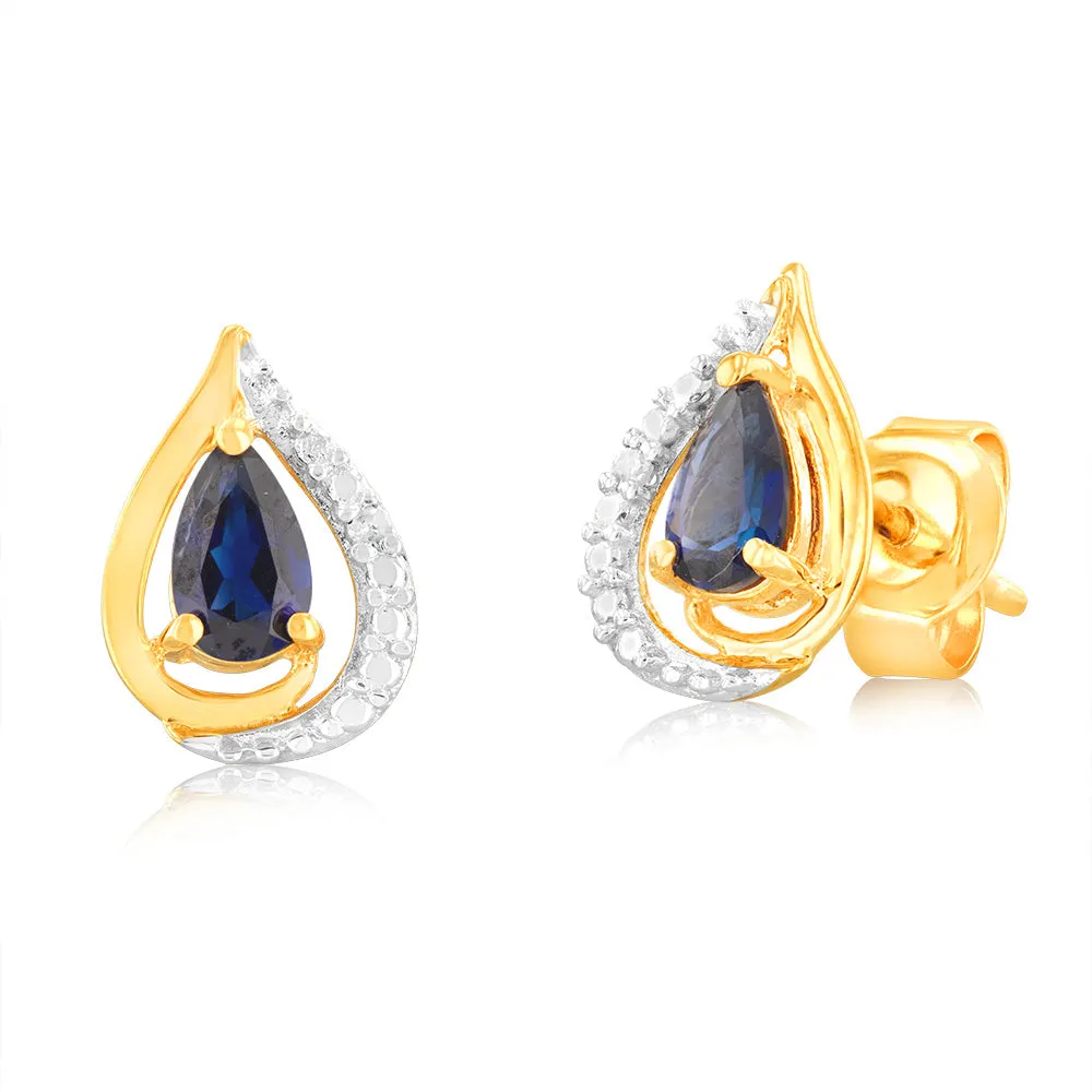 9ct Yellow Gold Created Sapphire 5x3mm & Diamond Stud Earrings