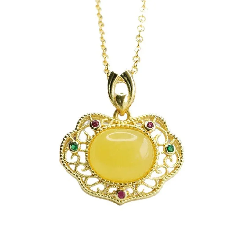 Amber Honey Wax Pendant with Sterling Silver Ruyi Design Jewelry for Women