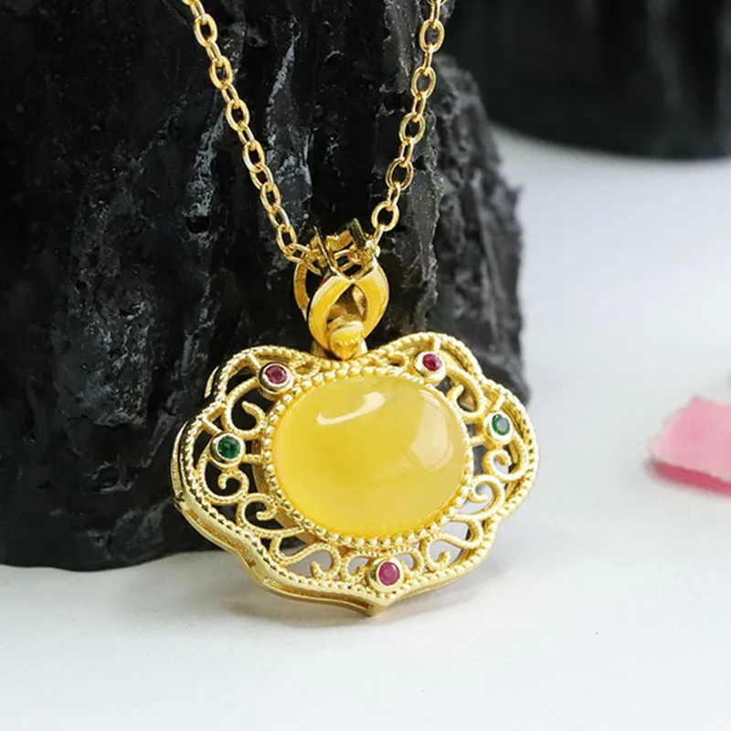 Amber Honey Wax Pendant with Sterling Silver Ruyi Design Jewelry for Women