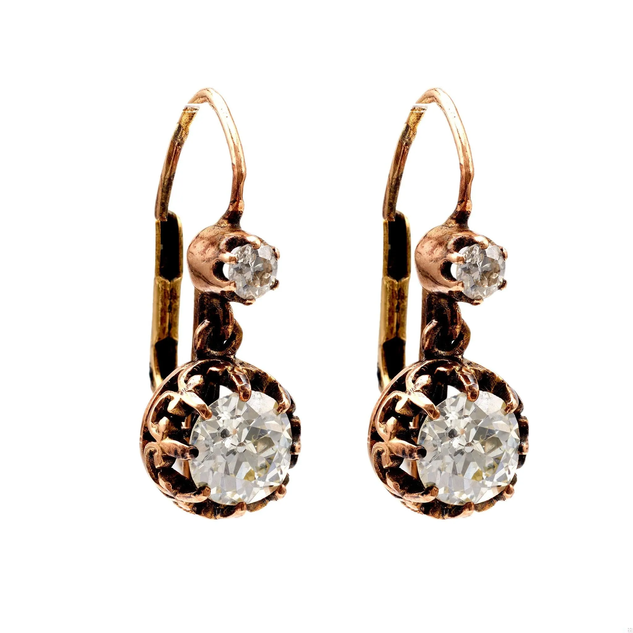 Antique Inspired 1.93 Carat Diamond 18k Gold Drop Earrings