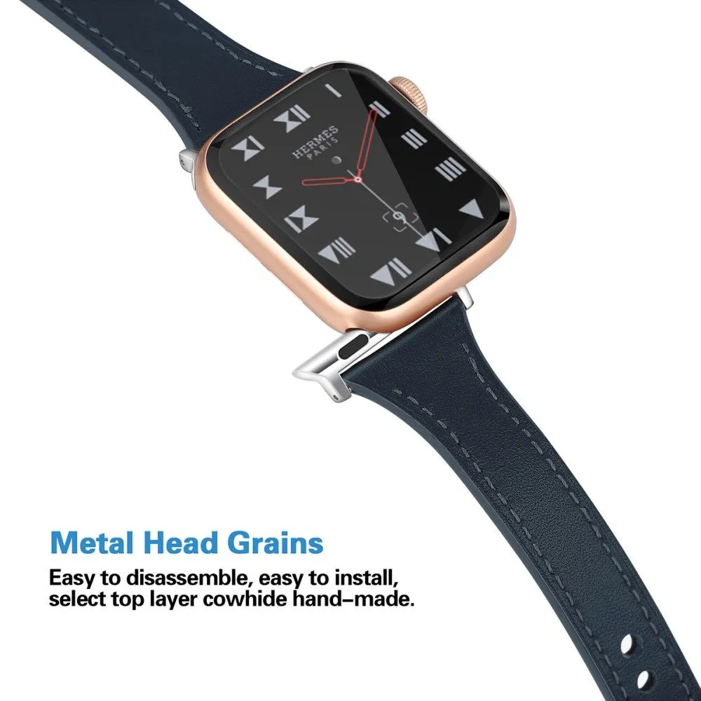 Apple Watch (45mm) stitching line genuine leather watch strap - Midnight Blue / Size: L