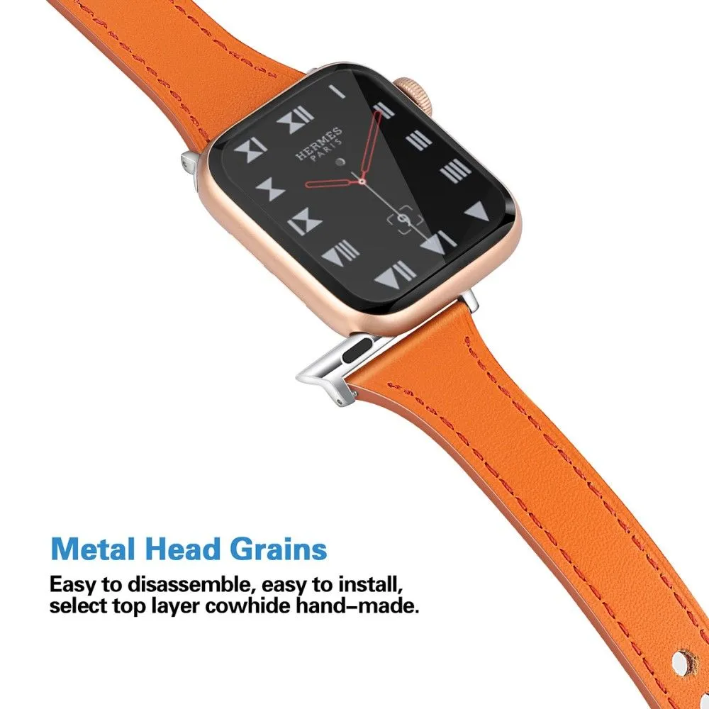 Apple Watch (45mm) stitching line genuine leather watch strap - Orange / Size: L