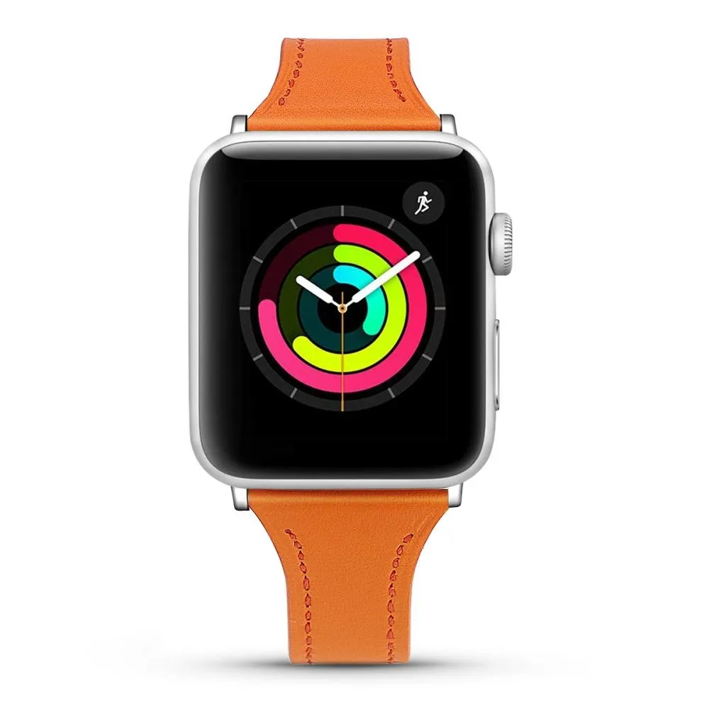 Apple Watch (45mm) stitching line genuine leather watch strap - Orange / Size: L