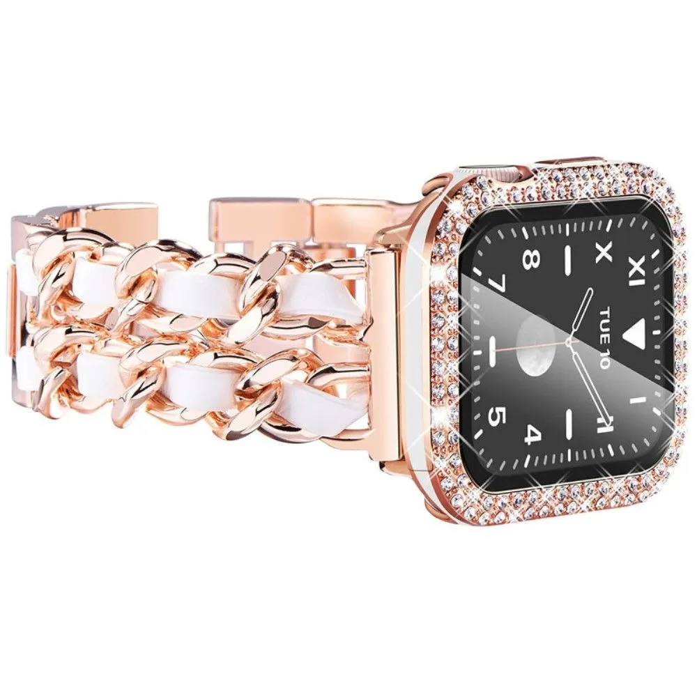 Apple Watch Series 3/2/1 42mm elegant stainless steel with rhinestone cover - Rose Gold / White Leather