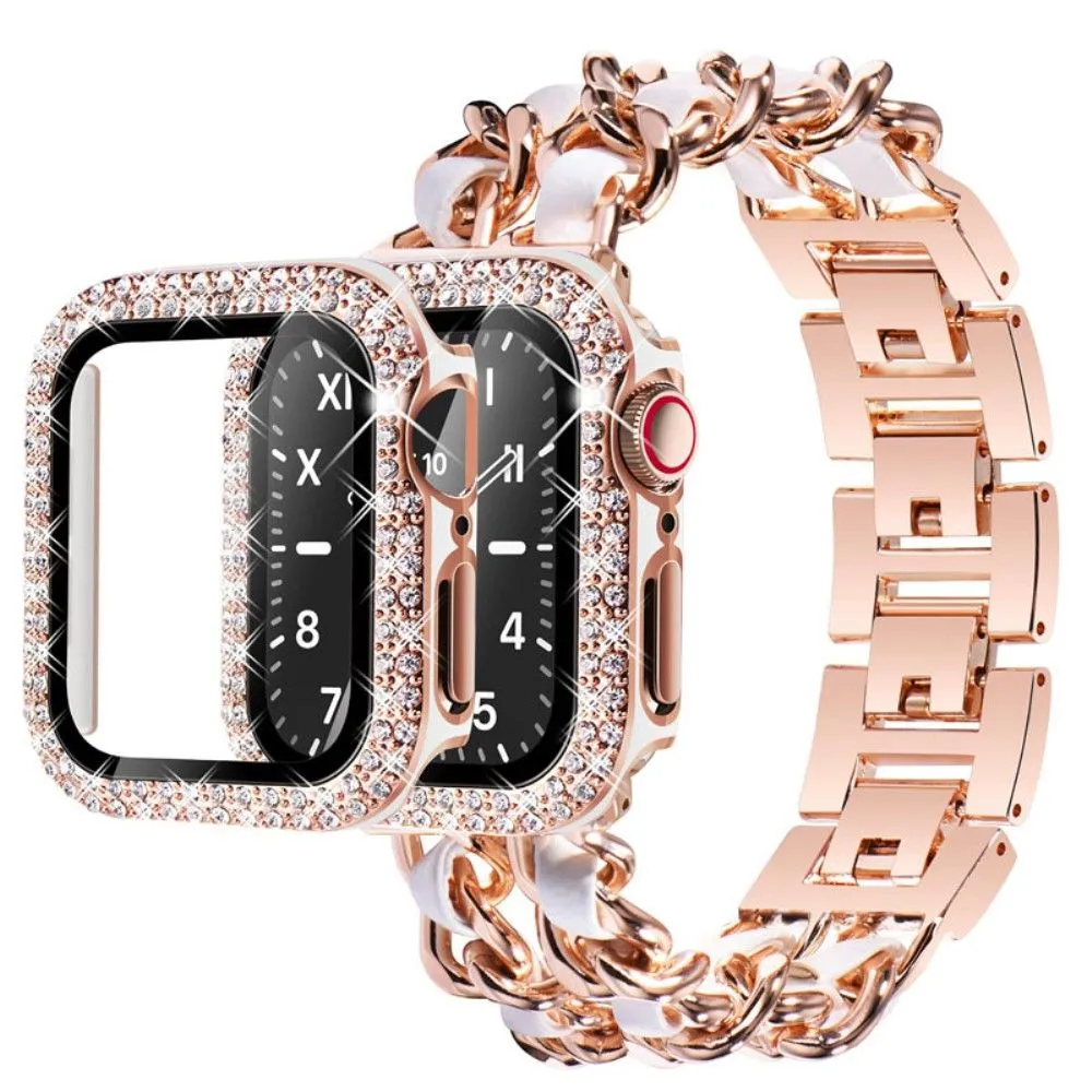 Apple Watch Series 3/2/1 42mm elegant stainless steel with rhinestone cover - Rose Gold / White Leather