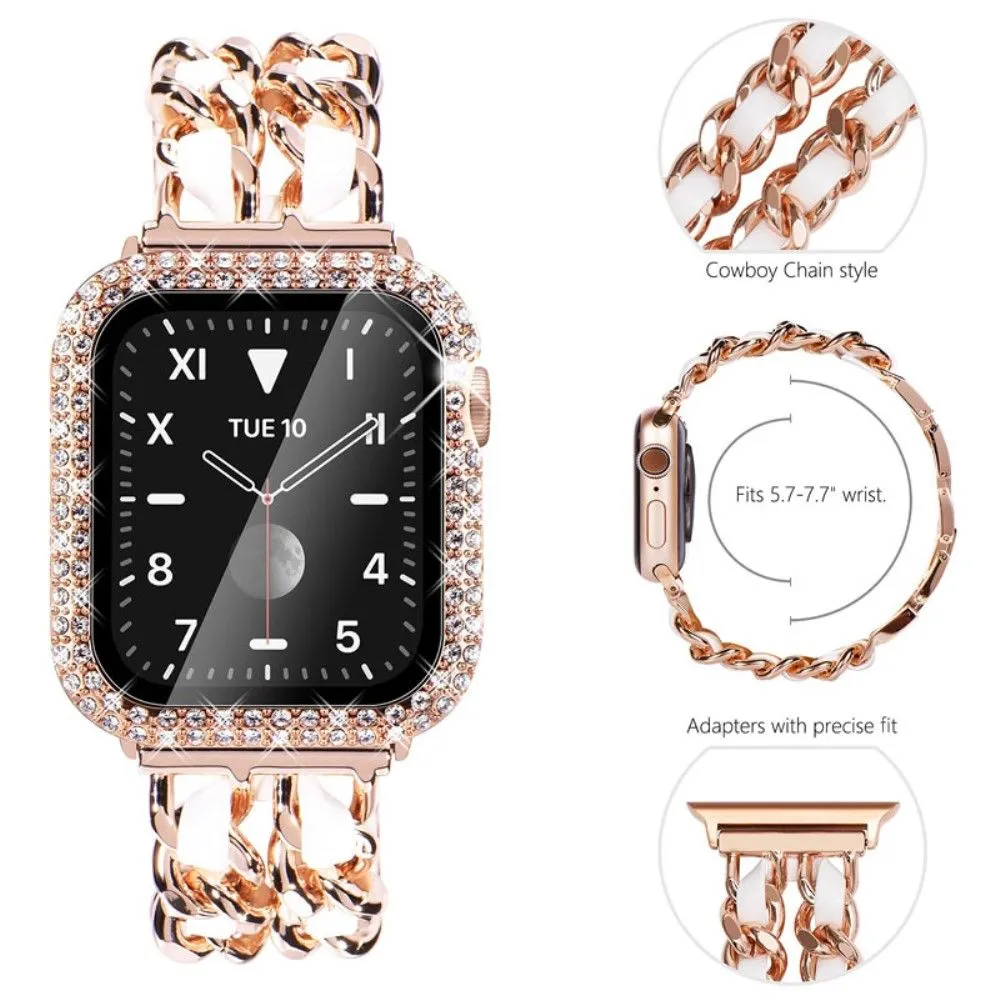 Apple Watch Series 3/2/1 42mm elegant stainless steel with rhinestone cover - Rose Gold / White Leather