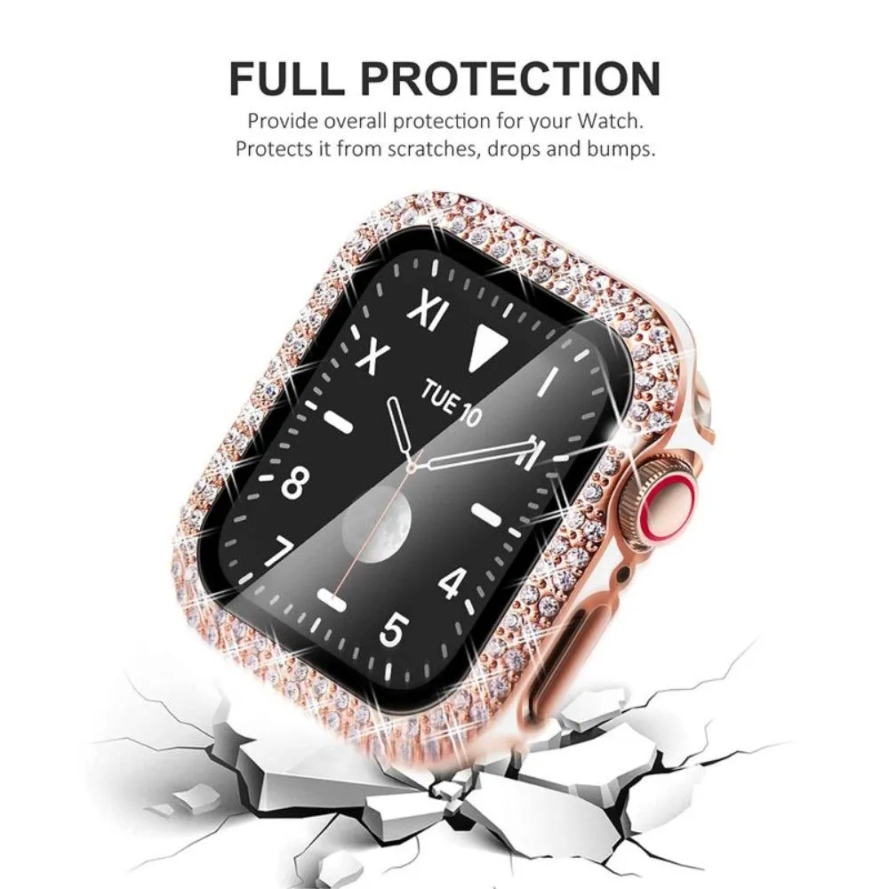 Apple Watch Series 3/2/1 42mm elegant stainless steel with rhinestone cover - Rose Gold / White Leather