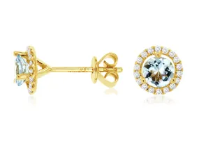 Aquamarine & Diamond Earrings with Diamond Halo set in 14kt Yellow Gold