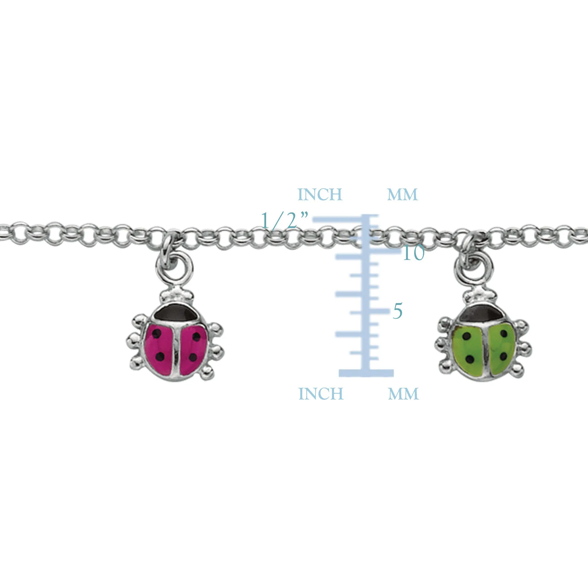 Baby Bracelet With Colorful Dangling Ladybug Charms In Sterling Silver - 6 Inches