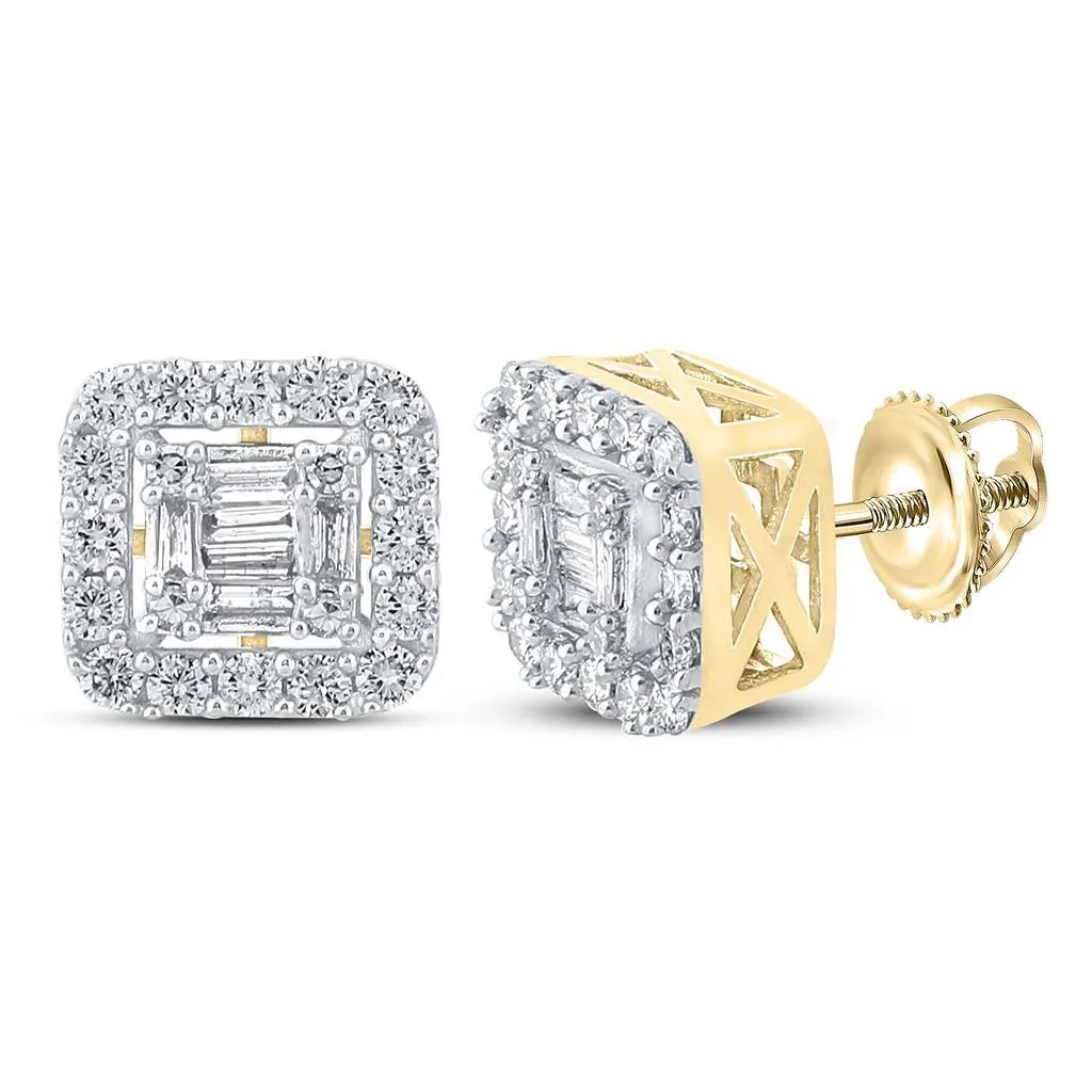 Baguette Cushion Cluster Diamond Earrings .63cttw 10K Yellow Gold