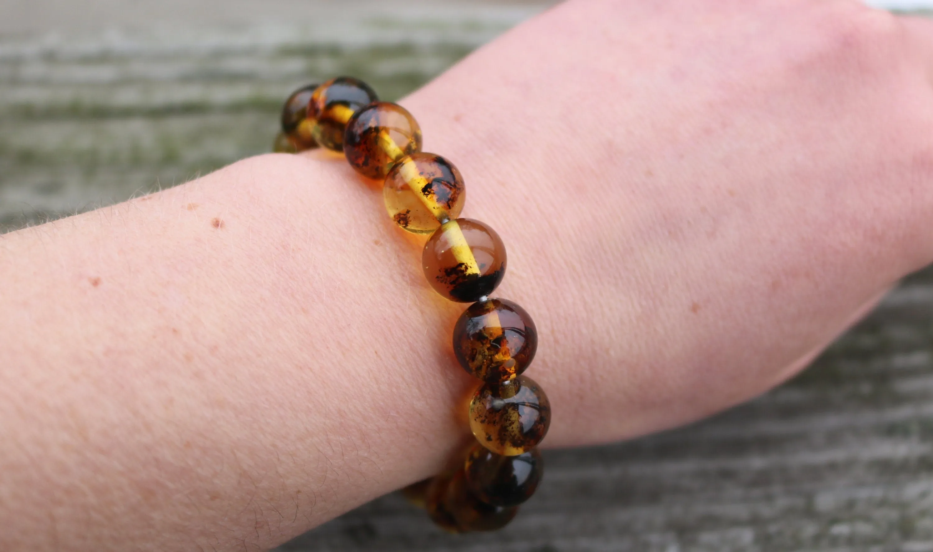 Baltic Amber Bracelet Green Balls Inclusions Natural Unisex 7.5" 12 mm 15 gram