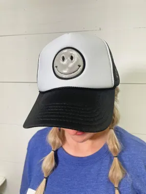 Be Happy Silver on Black/White Foam Trucker Cap