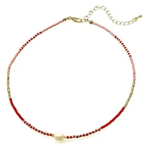 Beaded Necklace with Freshwater Pearl Pendant - Coral