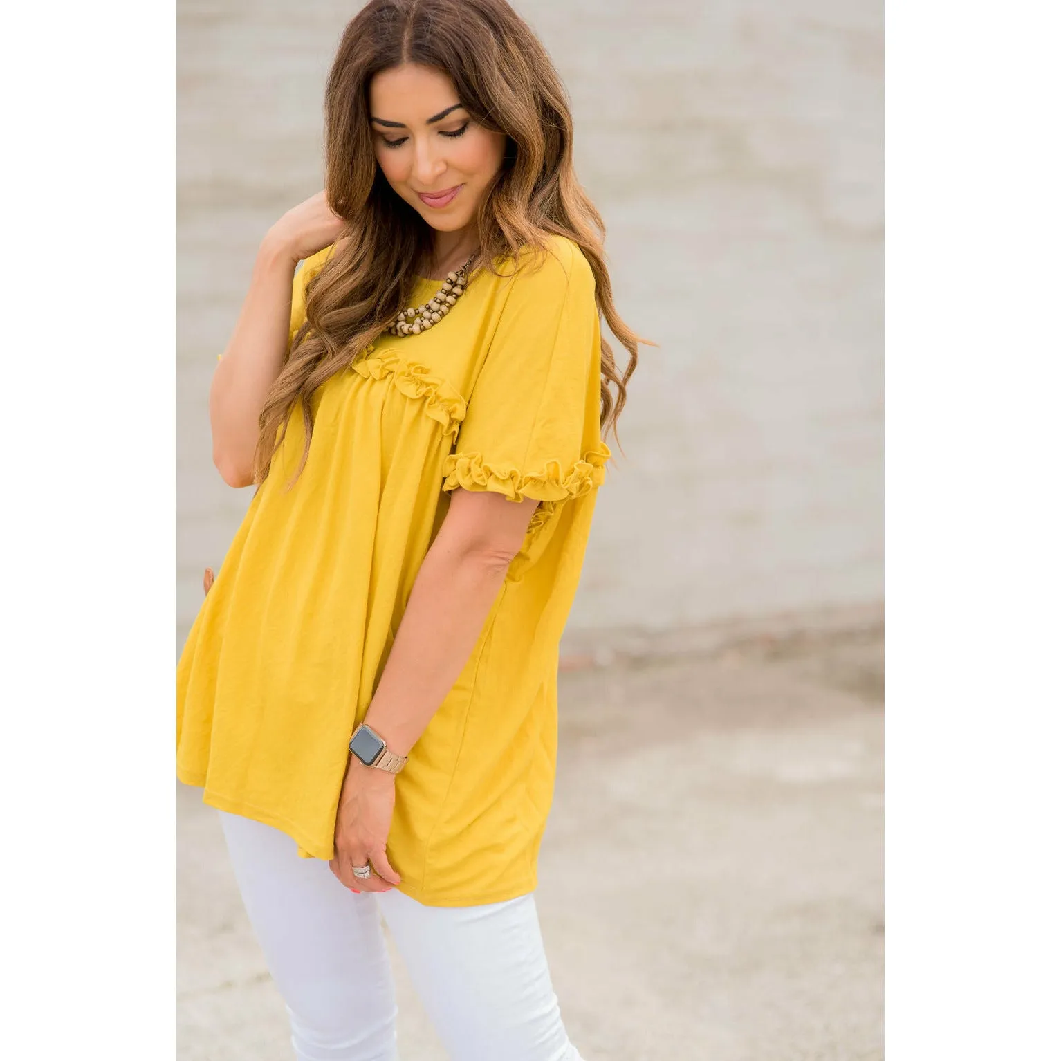 Bibbed Frilly Short Sleeve Relaxed Tee