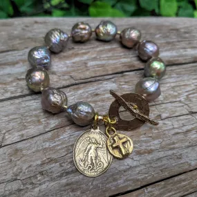 Big Bronze Edison Pearl Bracelet. Saint Michael the Archangel Bracelet.