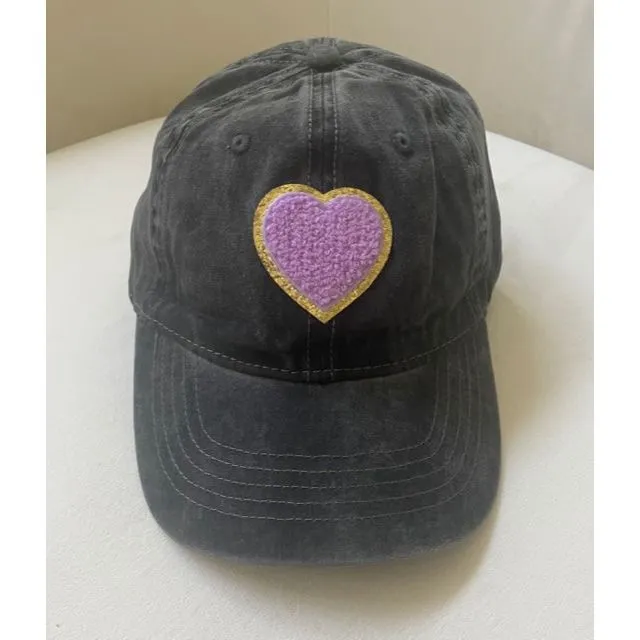 Black   Purple Chenille Heart Patch Baseball Hat Cap