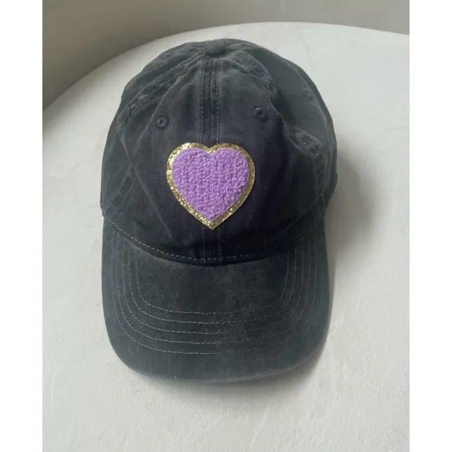 Black   Purple Chenille Heart Patch Baseball Hat Cap