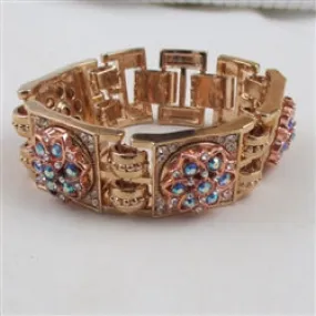 Blue Crystal & Rhinestone  Rose Gold Linked Cuff Bracelet