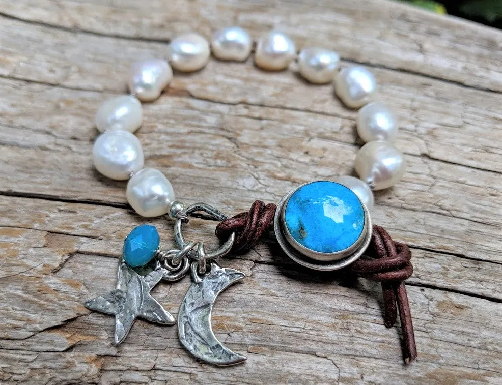 Boho Baroque Pearl & Turquoise Celestial Moon Bracelet