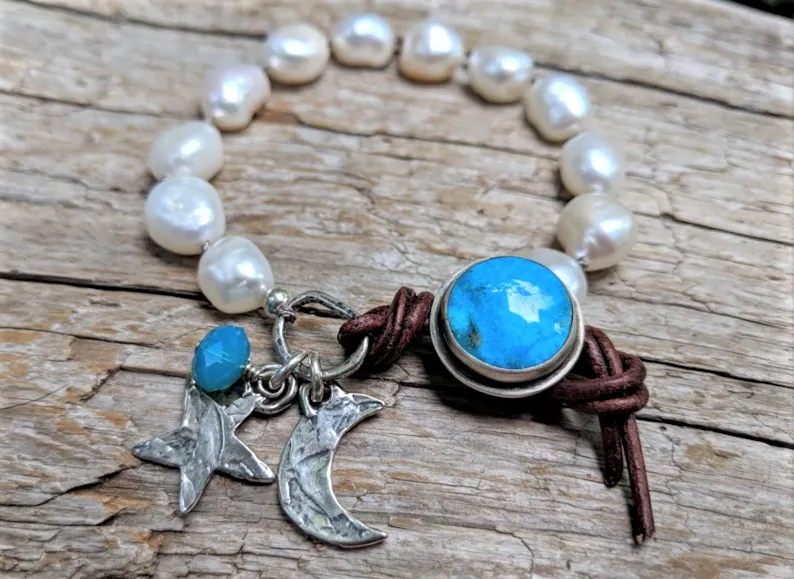 Boho Baroque Pearl & Turquoise Celestial Moon Bracelet