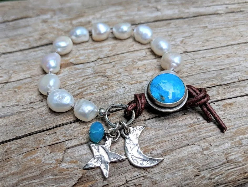 Boho Baroque Pearl & Turquoise Celestial Moon Bracelet