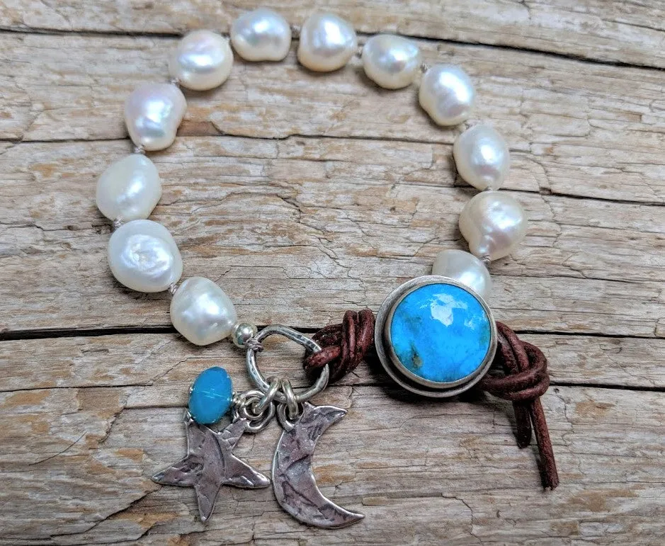 Boho Baroque Pearl & Turquoise Celestial Moon Bracelet