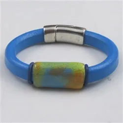 Bright Blue Leather Bracelet with Handmade Multi Colored Slide