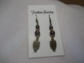 Bronze Brown Glass Bead Bronze Owls Earrings (E682)