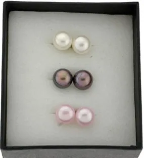 Button Freshwater Pearl Stud Earrings Set - White, Black and Pink (SKU: 191627)