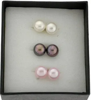 Button Freshwater Pearl Stud Earrings Set - White, Black and Pink (SKU: 191627)