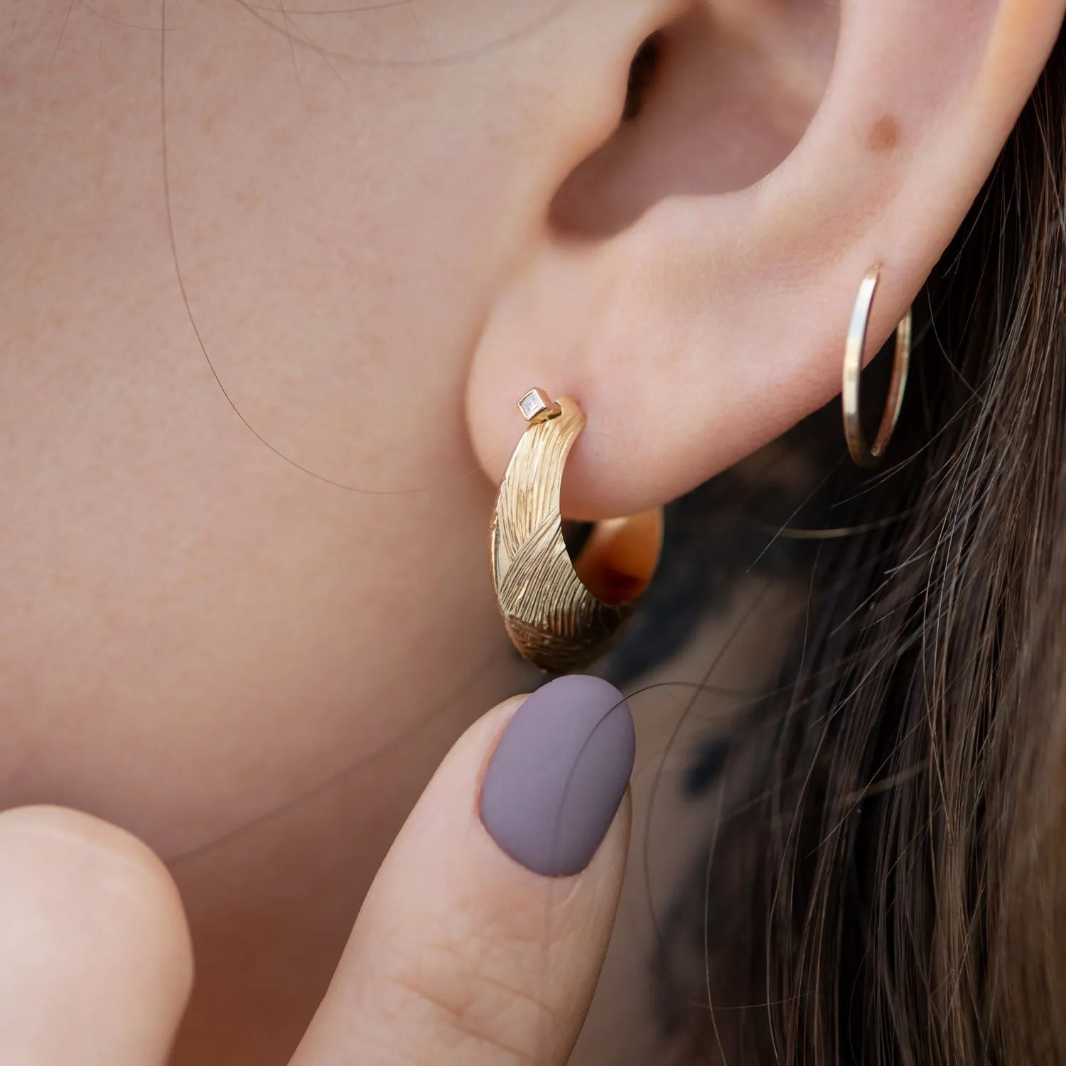 Carved Bohemian Hoop Earrings in Solid Gold