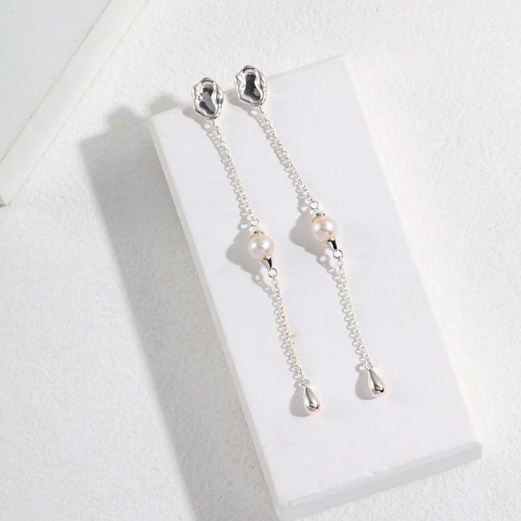 Chain Pearl Long Earrings