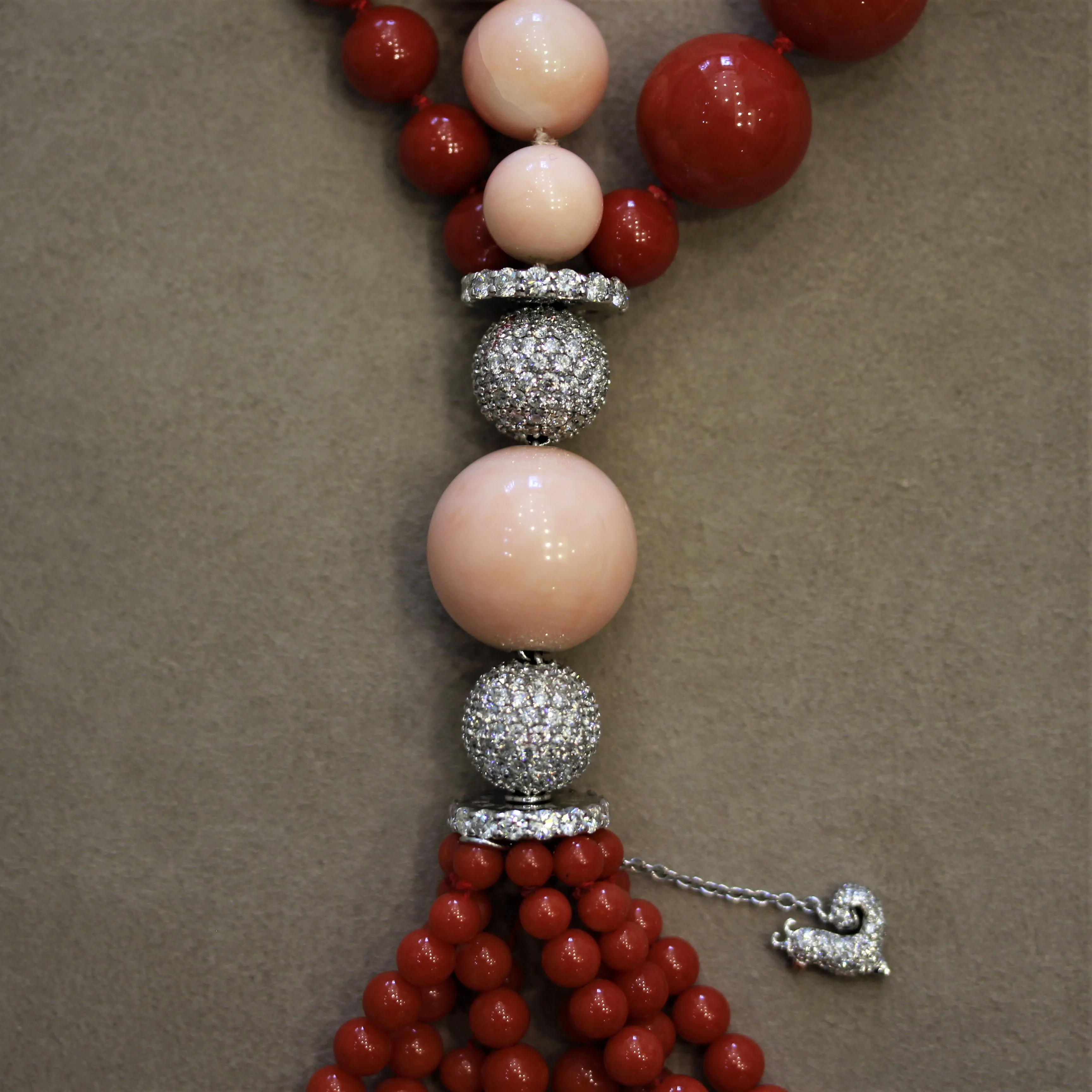 Chantecler Capri 18 Karat White Gold, Diamond, Red & Pink Coral "Cherie" Tassel Necklace