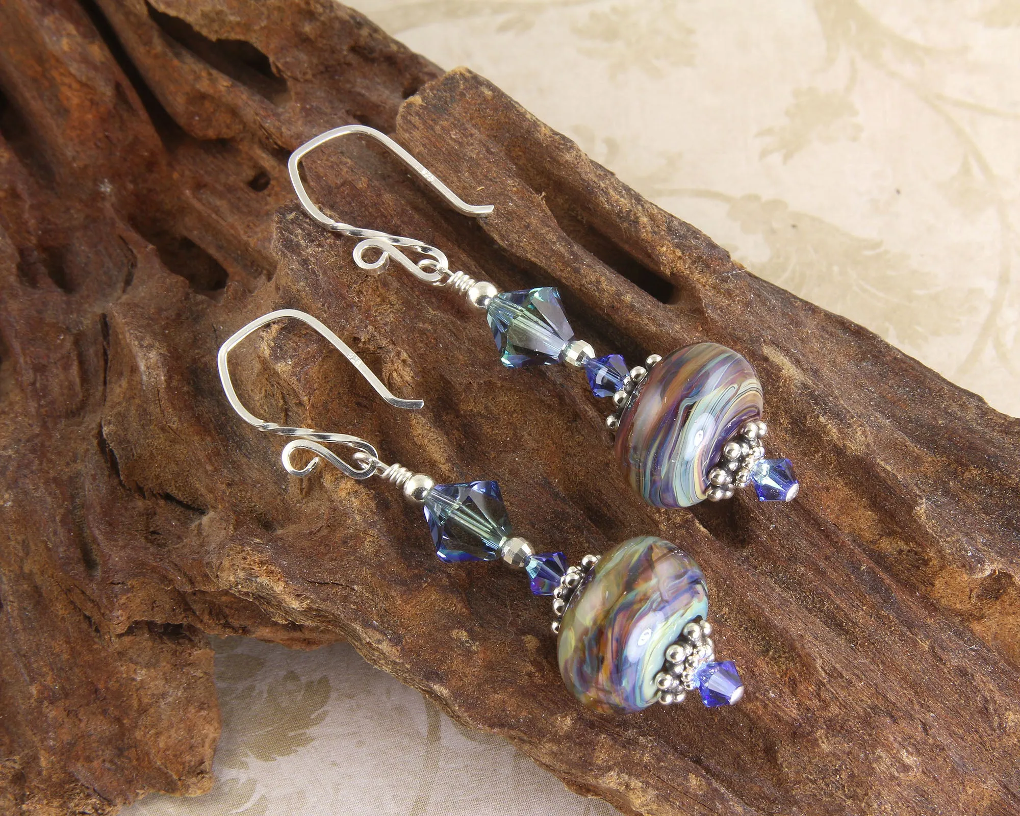 Colorful Blue Swirls Lampwork Earrings