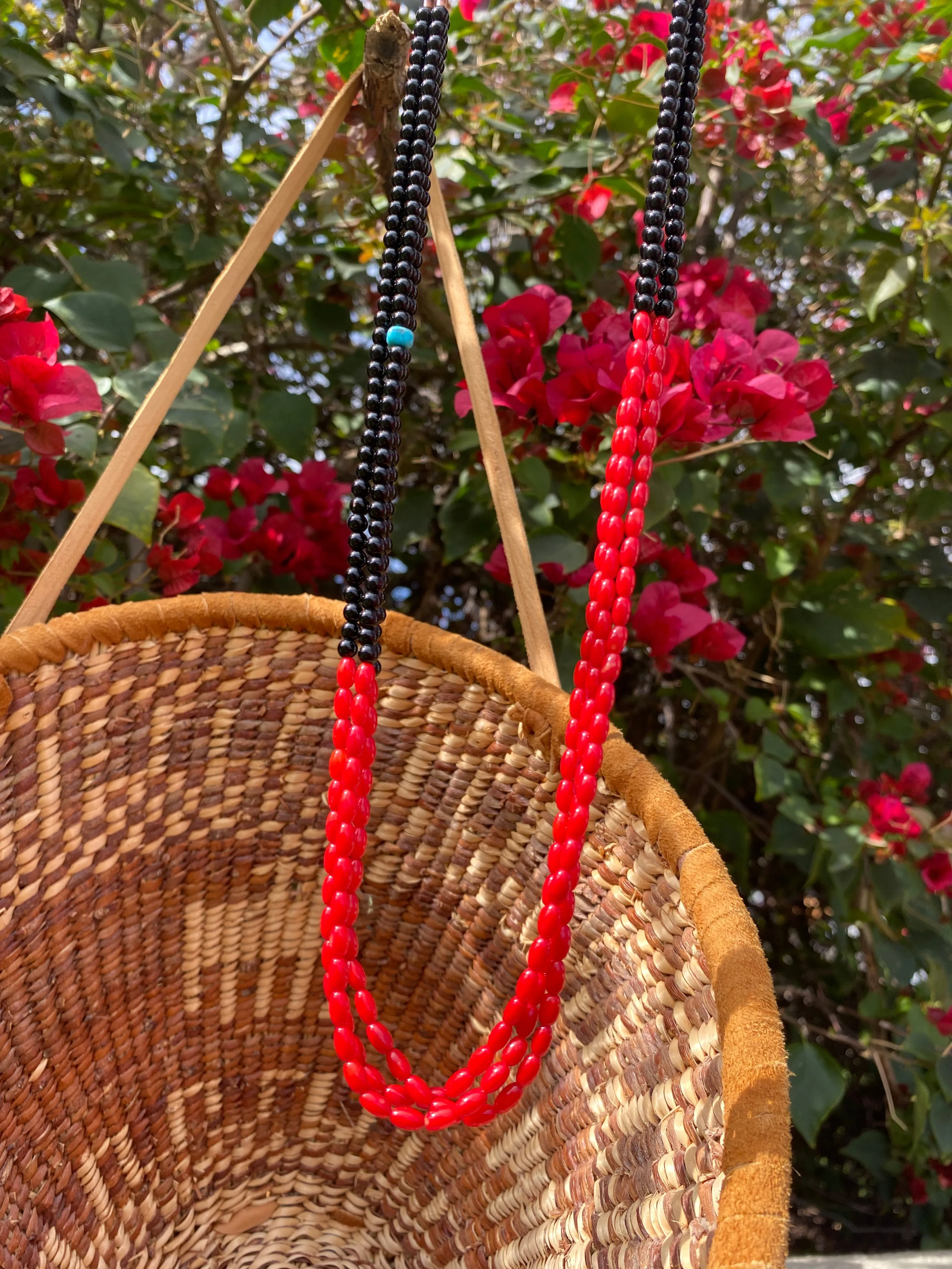 Coral and Black Jet Three Strand Heishi Necklace