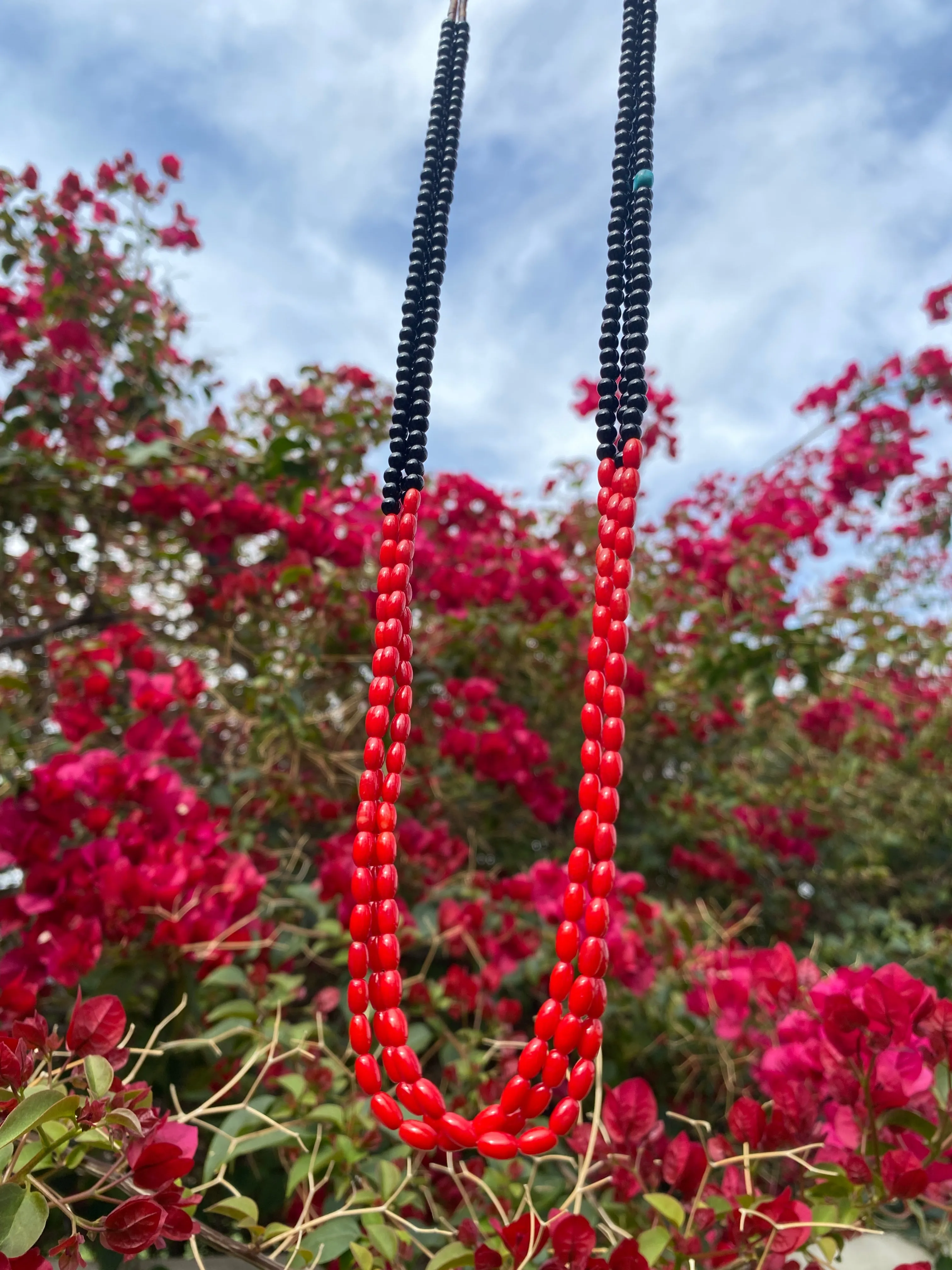 Coral and Black Jet Three Strand Heishi Necklace