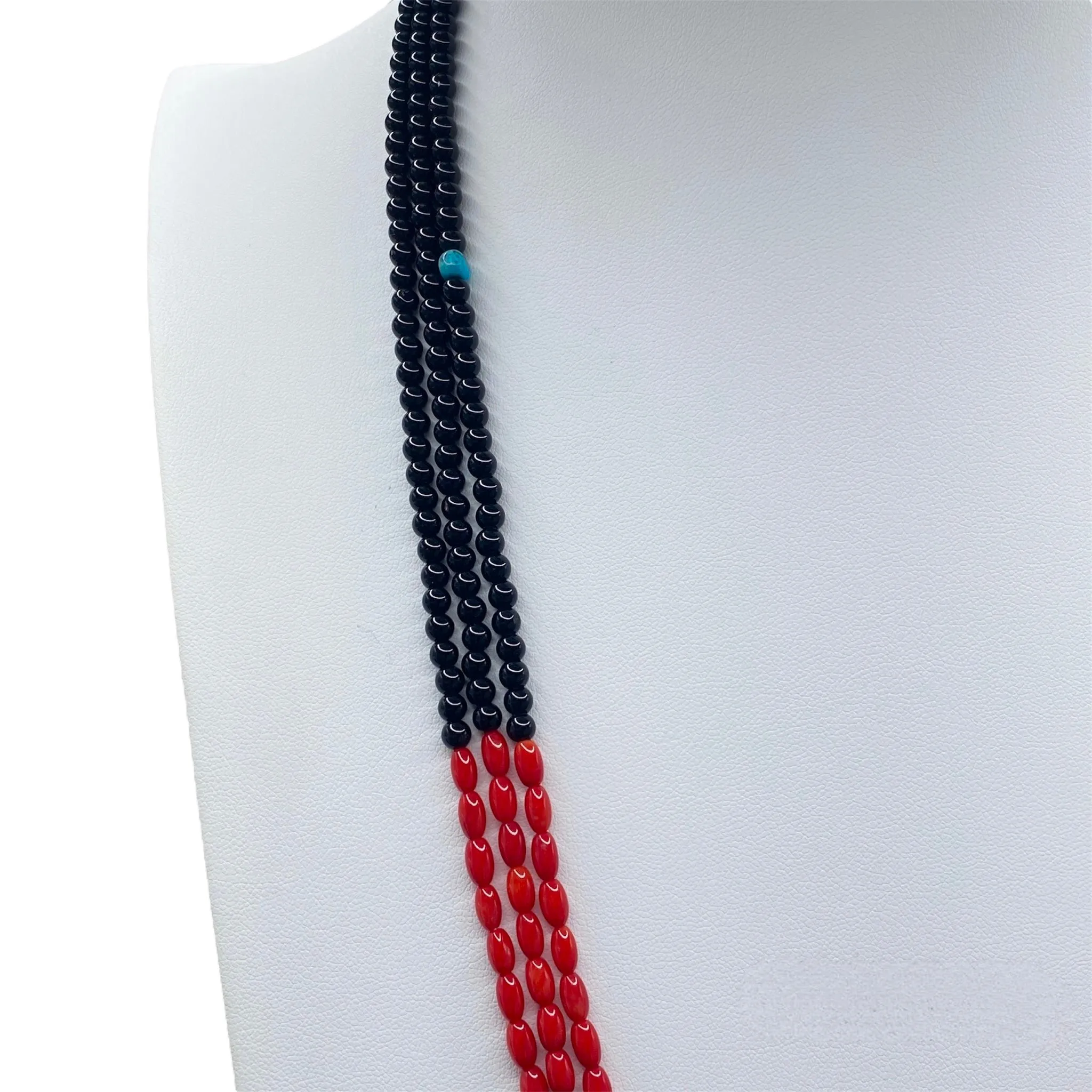 Coral and Black Jet Three Strand Heishi Necklace