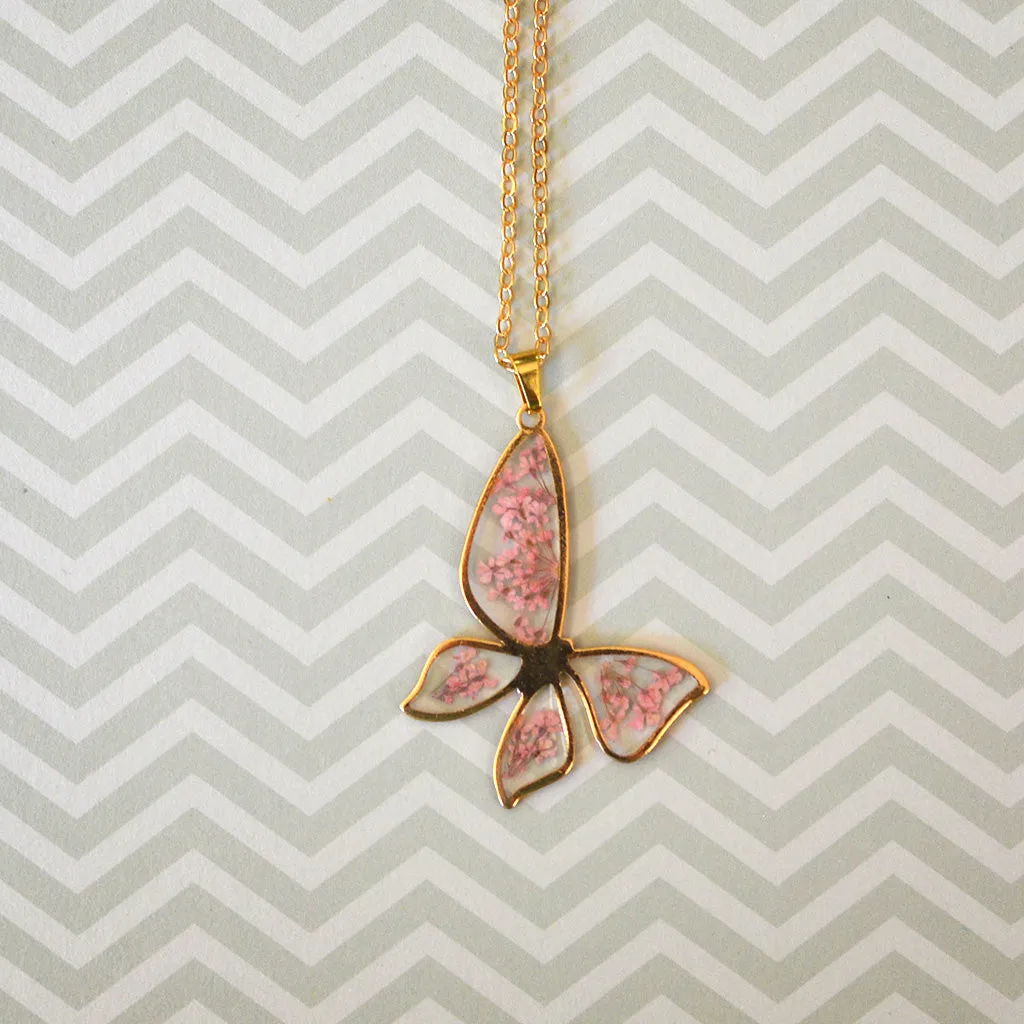 Coral Butterfly Necklace Real Dried Flower Earring Set