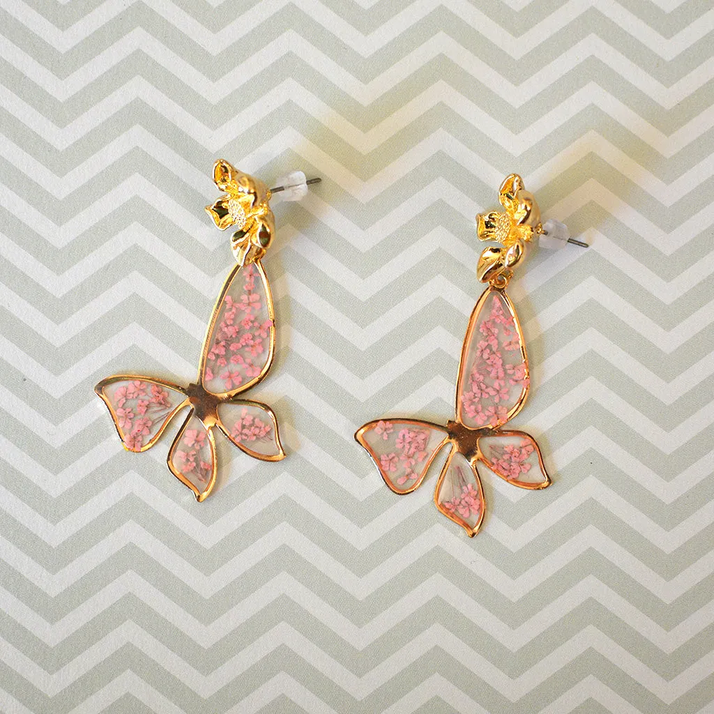 Coral Butterfly Necklace Real Dried Flower Earring Set