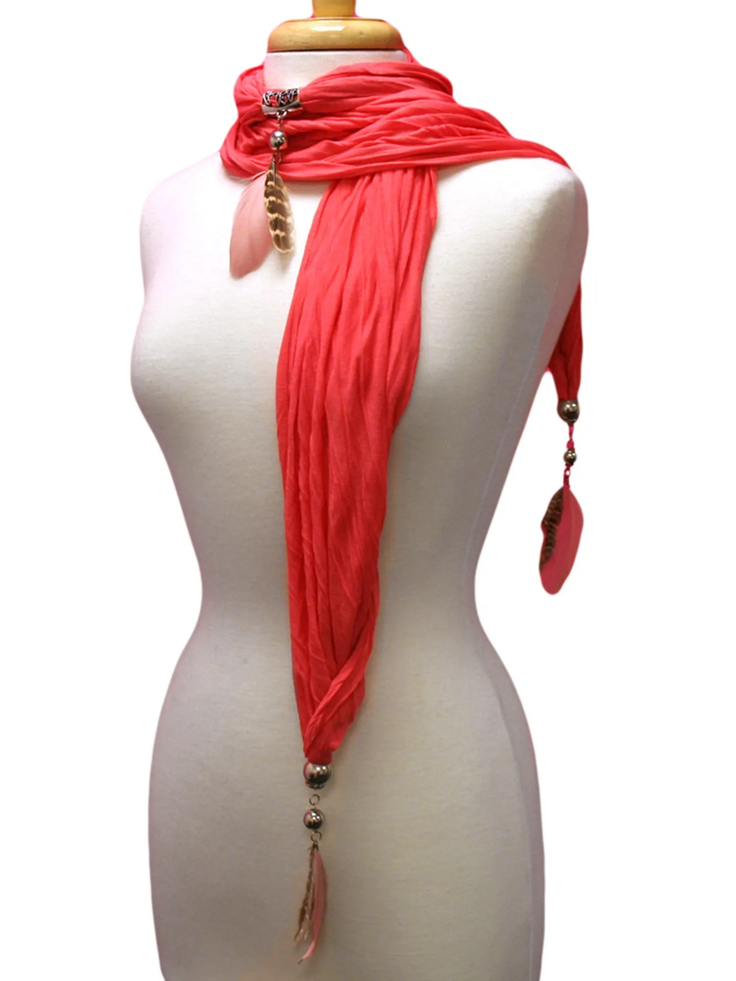 Coral Necklace Scarf With Feathers