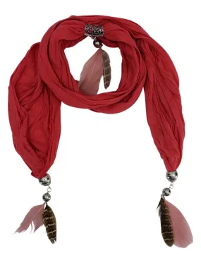 Coral Necklace Scarf With Feathers